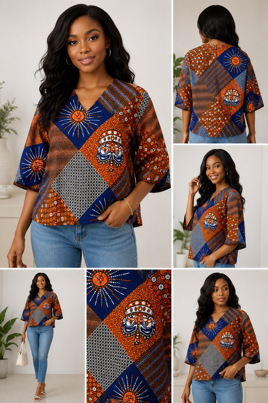 African Print V_Neck Blouse_Orange & Blue