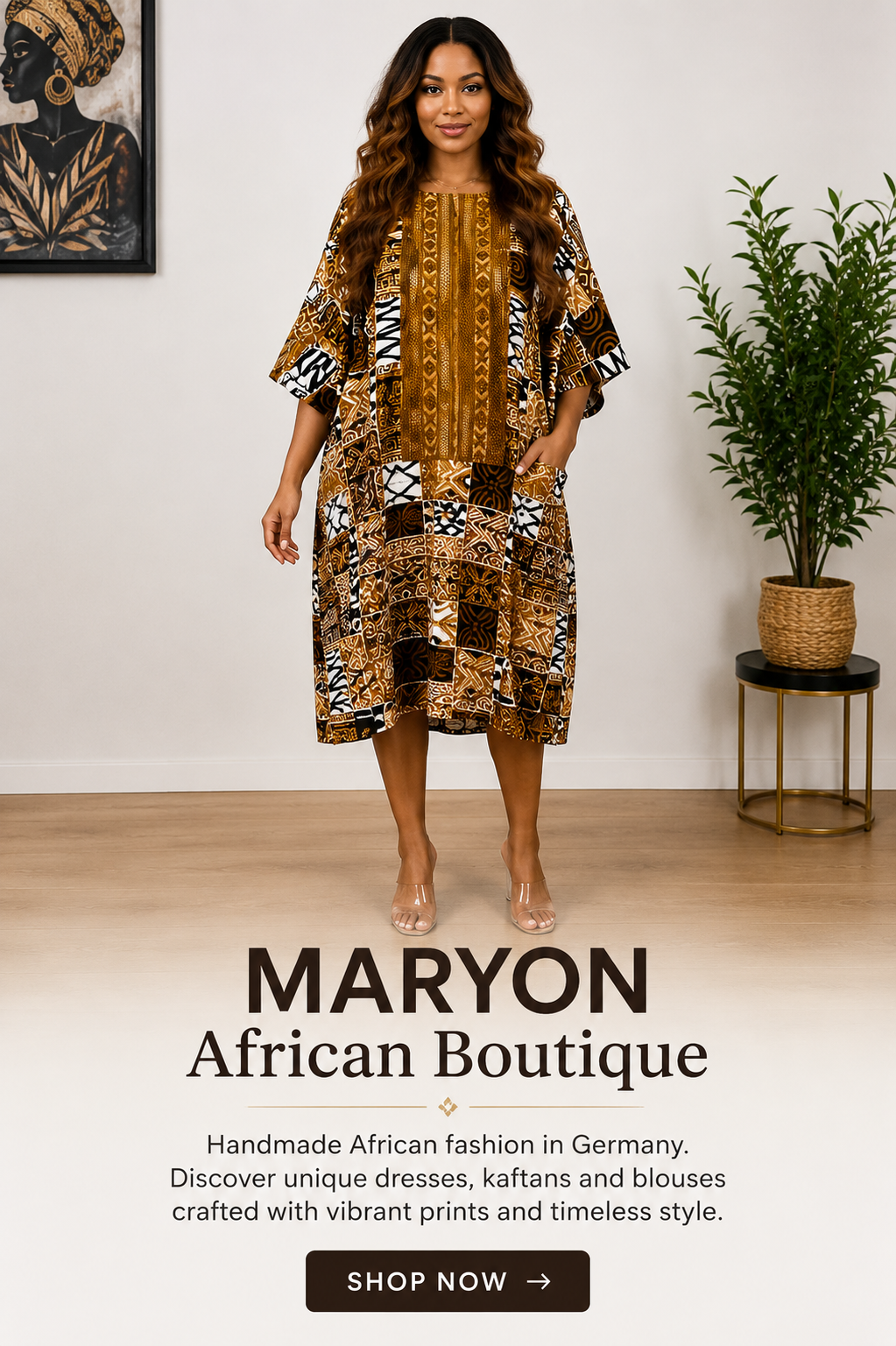African Print Kaftan Dress – Gold & Black