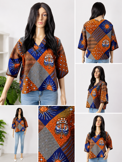 African Print V_Neck Blouse_Orange & Blue