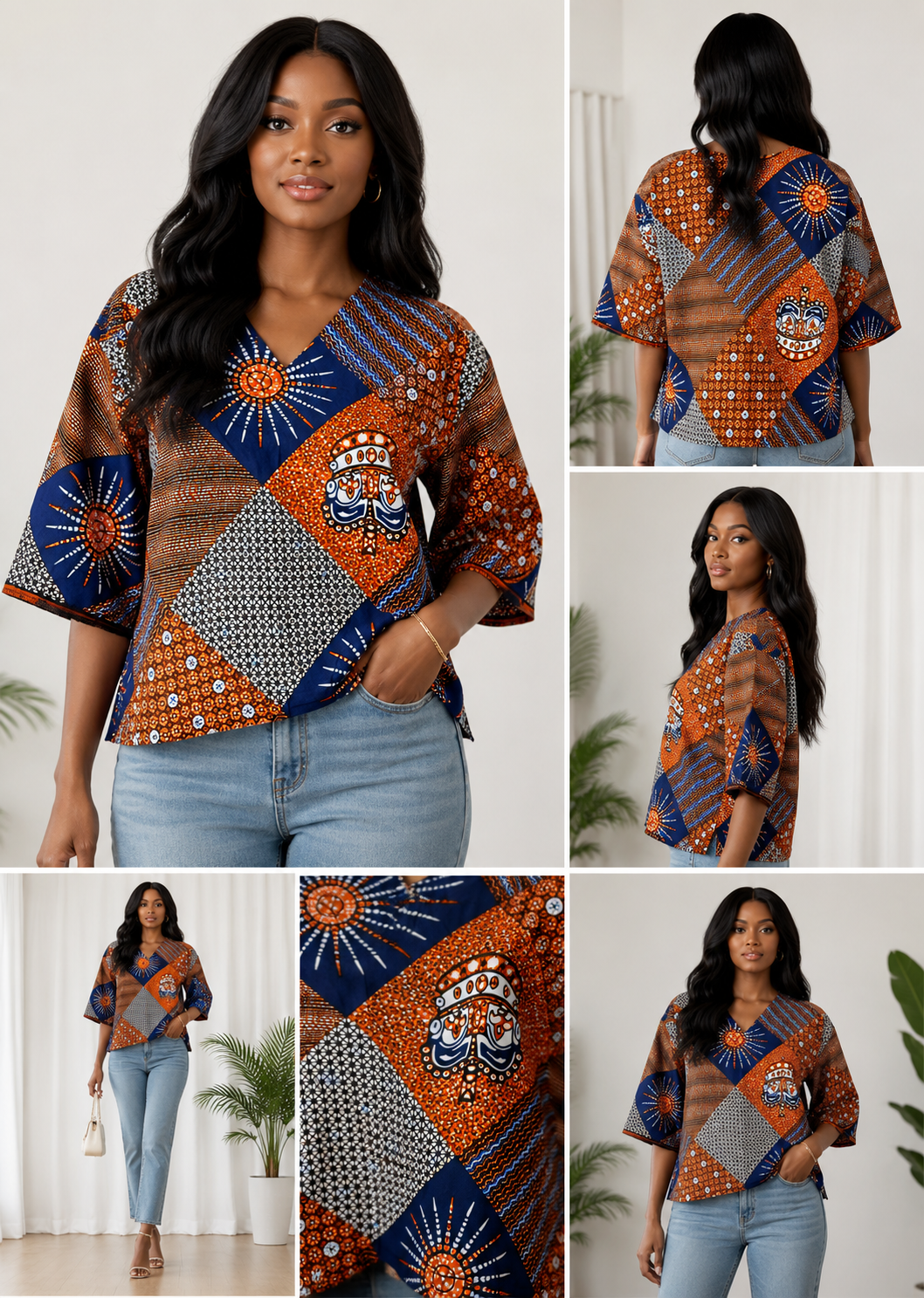 African Print V_Neck Blouse_Orange & Blue