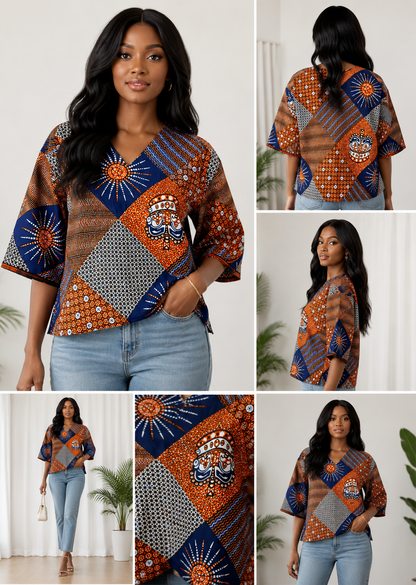 African Print V_Neck Blouse_Orange & Blue
