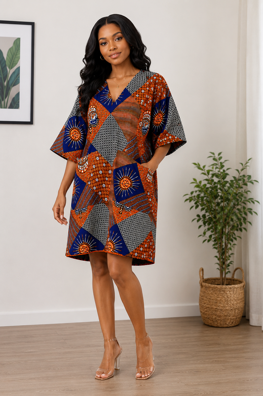 African Print V-Neck Tunic  Dress _Orang & Blue