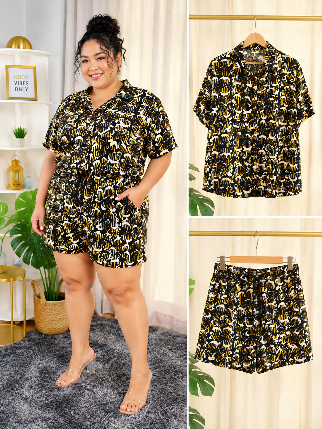 Black & Gold Abstract Print Shirt & Shorts Co-Ord Set | Maryons Fashion