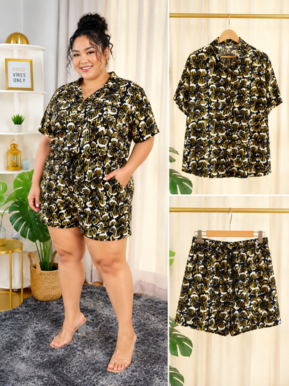 Black & Gold Abstract Print Shirt & Shorts Co-Ord Set | Maryons Fashion