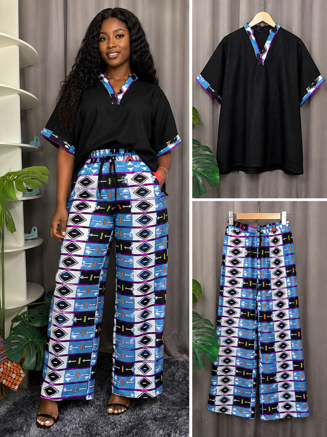 African Print Two-Piece Lounge Set – Black Top & Blue Pattern Wide-Leg Tro