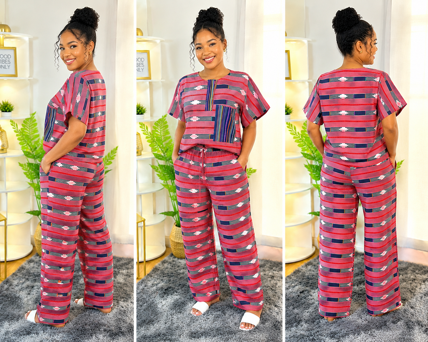 African Print Two-Piece Lounge Set – Pink & Navy Wide-Leg Trouser S