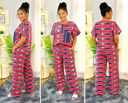 African Print Two-Piece Lounge Set – Pink & Navy Wide-Leg Trouser S