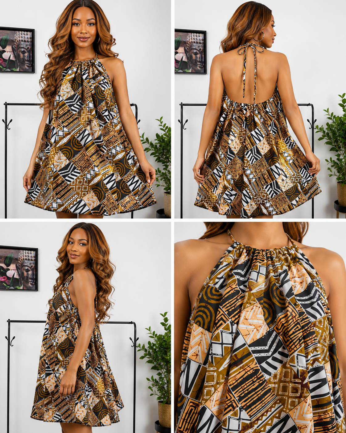 African Print Halter Neck Dress – Brown & Gold