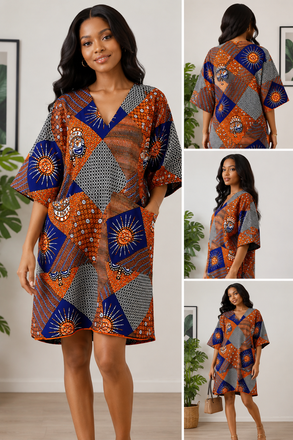 African Print V-Neck Tunic  Dress _Orang & Blue