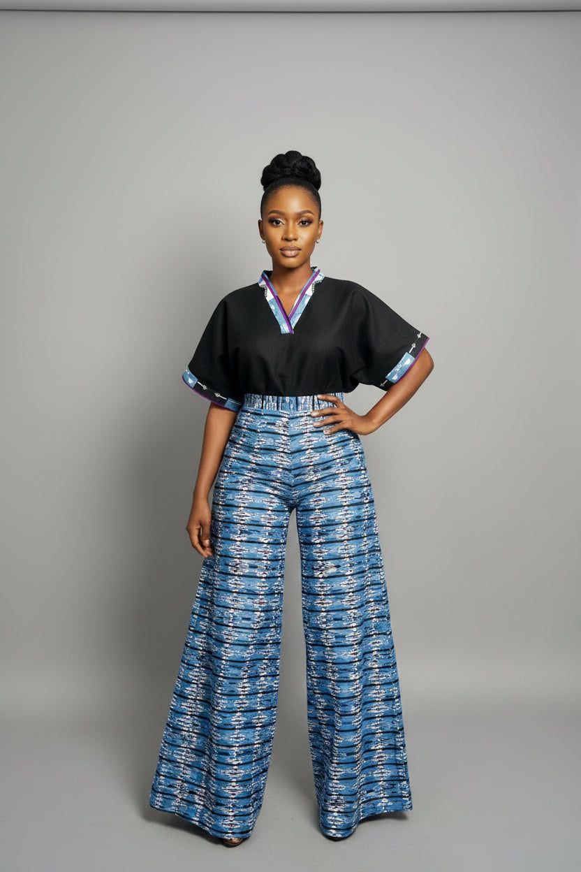 African Print Two-Piece Lounge Set – Black Top & Blue Pattern Wide-Leg Tro