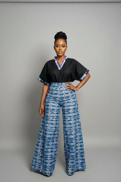 African Print Two-Piece Lounge Set – Black Top & Blue Pattern Wide-Leg Tro