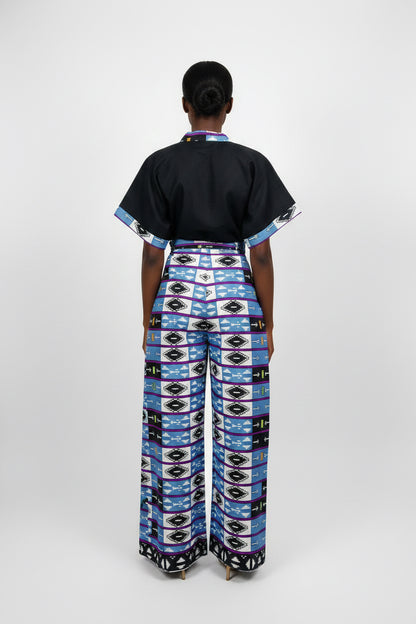 African Print Two-Piece Lounge Set – Black Top & Blue Pattern Wide-Leg Tro