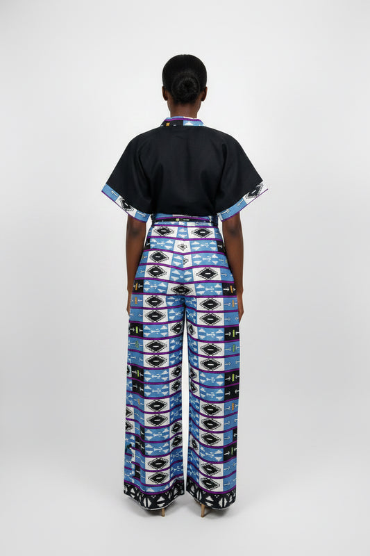 African Print Two-Piece Lounge Set – Black Top & Blue Pattern Wide-Leg Tro
